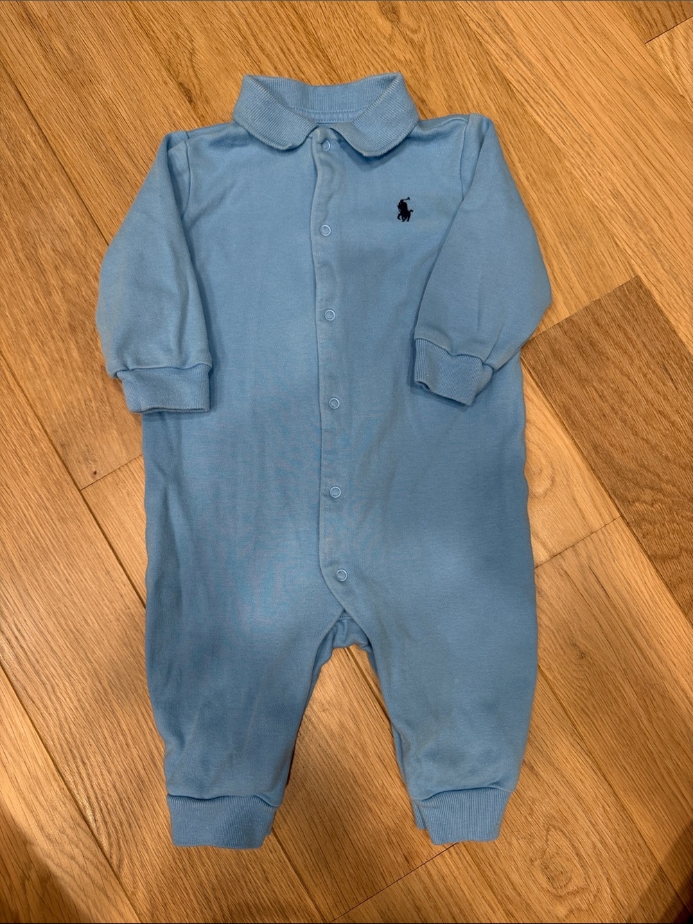 Ralph Lauren Baby Blue Polo Cotton Footie with Embroidered Pony